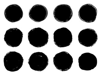 丸いブラシのペイントストローク。黒インクの円。汚れた黒の点セット。ペイントブラシの線で描いた枠線。