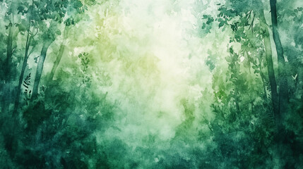 Obraz premium Enchanting woodland forest in watercolor style, featuring lush greenery, mystical atmosphere, and soft, dreamlike lighting