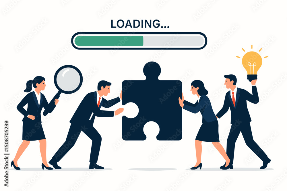 Poster teamwork concept showing business people collaborating on a solution, pushing a puzzle piece, analys