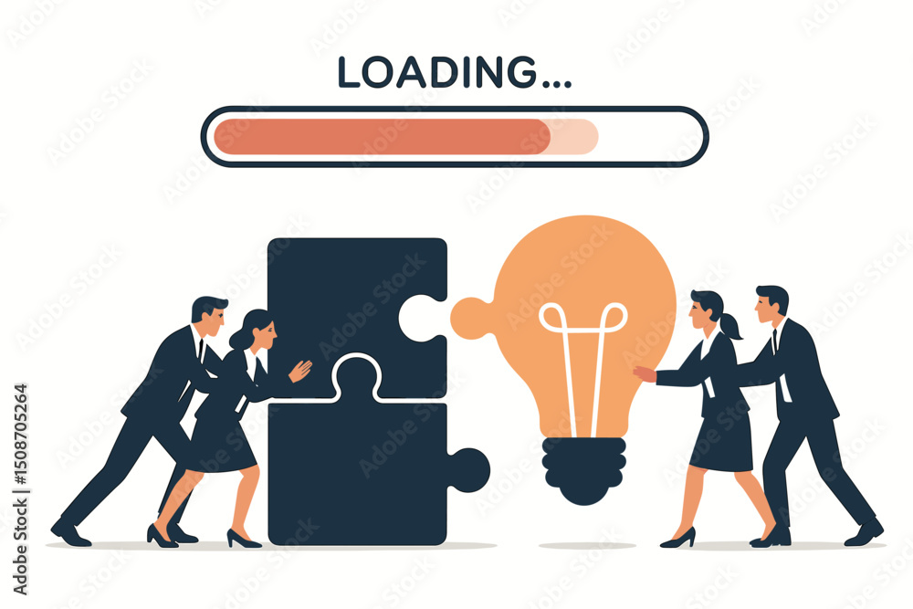 Poster progress loading bar above diverse business team connecting puzzle and lightbulb, symbolizing collab