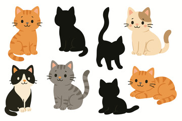 Set of adorable cat illustrations including cute cartoon kittens, tabby cats, tuxedo cats, and simple black silhouettes. Flat design vector graphic collection isolated on white.