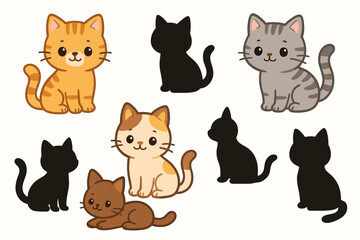 Adorable Cartoon Cat Vector Set with Illustrations and Silhouettes - Cute Kawaii Ginger, Grey, Brown Kittens Graphics Collection for Children and Pet Lovers, Isolated Design Elements.
