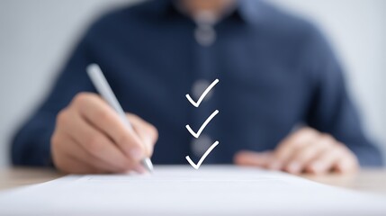 수직 정렬된 체크 아이콘과 필기하는 남성 손 AI 생성