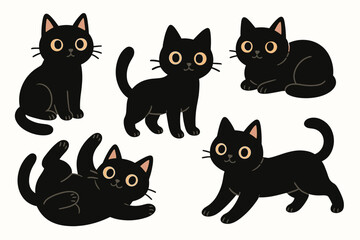 Set of five charming black cat illustrations in a cute cartoon vector style. Adorable feline characters shown in various poses including sitting, standing, walking, lying down, and playing.