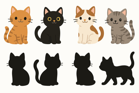 Set of charming cartoon cats and kittens vector graphics, including orange tabby, black, calico, grey tabby illustrations and matching black silhouettes isolated on white background.