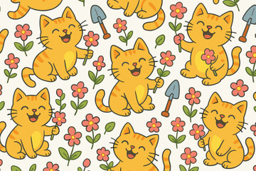 Whimsical garden cat seamless pattern vector background. Cute happy orange tabby kittens holding pink flowers, cheerful cartoon characters illustration for fabric print and wallpaper.