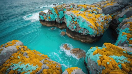 Iconic lichen covered rocks and turquoise ocean water captured from an aerial view.