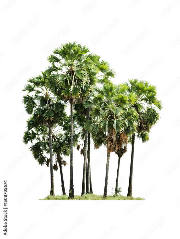 Poster isolated cluster of tropical palm trees with slender trunks and distinctive crowns against transpare