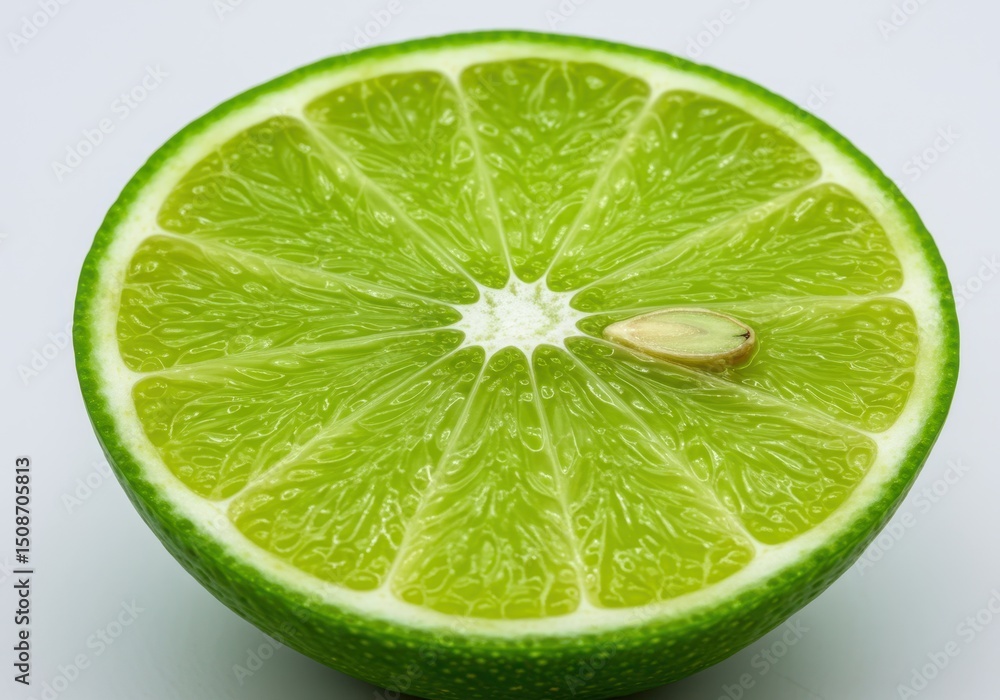 Poster close up of a sliced lime with a seed on a white background