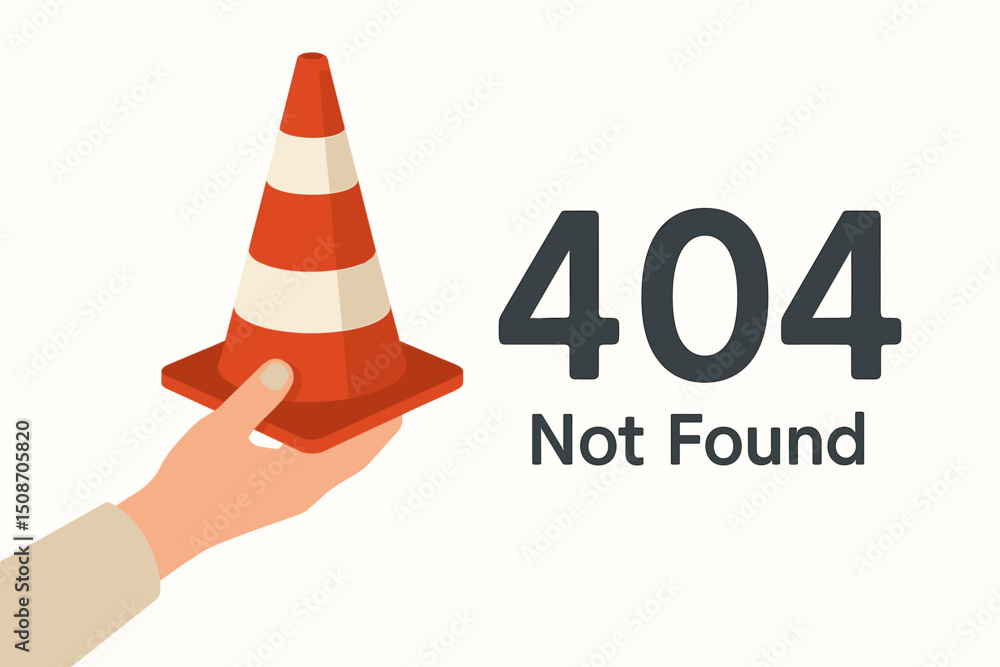 Poster 404 error page concept vector art with a hand displaying a traffic cone. represents 'page not found'