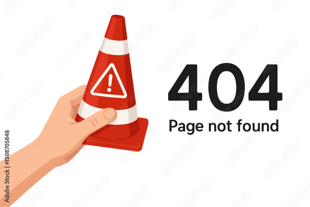 Poster flat vector graphic showing hand with warning traffic cone representing 404 page not found error, id