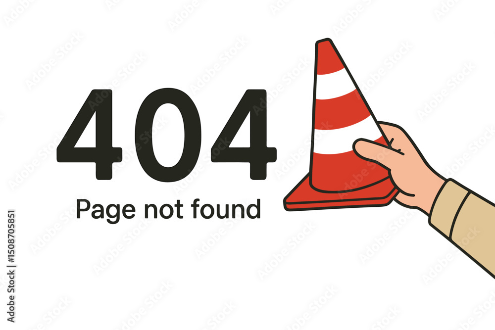 Poster 404 error page not found vector illustration with hand holding traffic cone. website maintenance gra