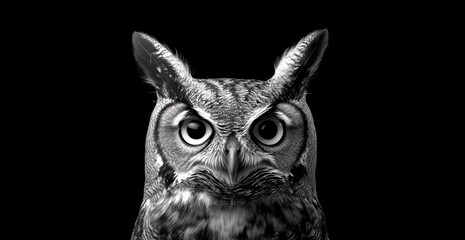 Portrait of a great horned owl with large yellow eyes and long legs, the bird is looking directly at the camera.
