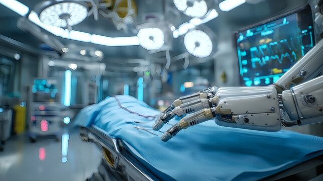 Robotic Surgery Assistant Preparing for Operation in Modern Hospital Room