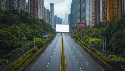 Fototapeta premium The empty highway in Chongqing, China is surrounded by high-rise buildings and lush vegetation on both sides of the road, with an advertising billboard located at one end
