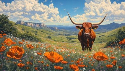 The majestic horns of the longhorn in the foreground, set against rolling green hills and blooming wildflowers under a blue sky with white clouds.