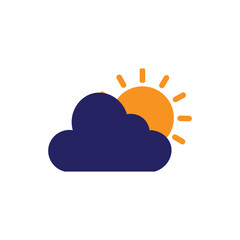 Flat weather icon showing a dark blue cloud and bright orange sun, representing partly cloudy conditions. Ideal for weather apps, forecasts, or seasonal content in digital and print media.