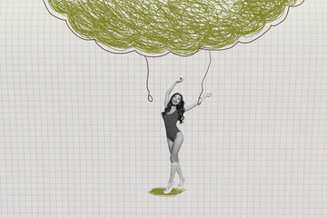 3d sketch image pop full collage of puzzled employee girl guy hang master ribbon cloud scribble...