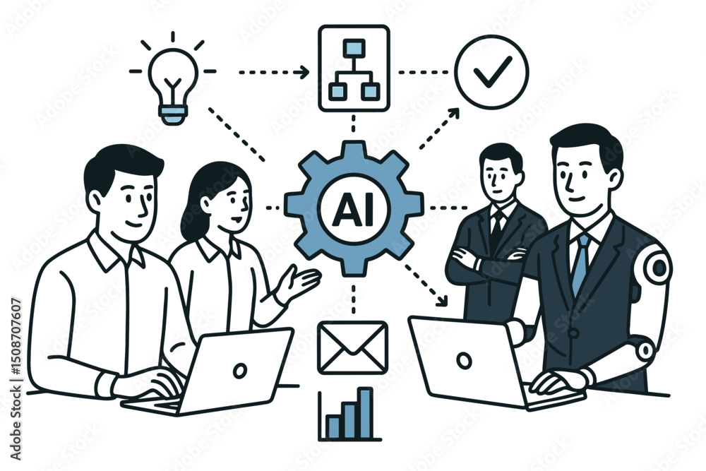Poster vector line art concept of human-ai workflow collaboration. features business team with laptops, cyb