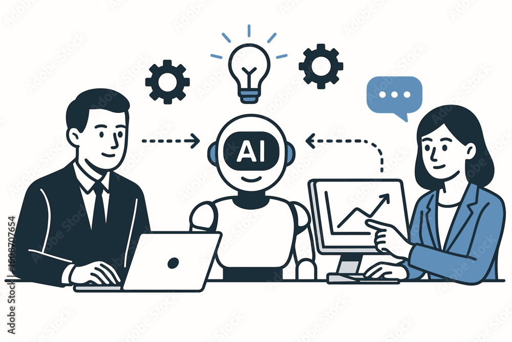 Poster ai integration in business: team of professionals collaborating with artificial intelligence robot, 