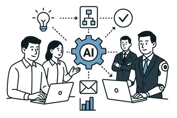 Vector Line Art Concept of Human-AI Workflow Collaboration. Features Business Team with Laptops, Cyborg, Artificial Intelligence Gear Icon, Automation Process, and Innovation Symbols.