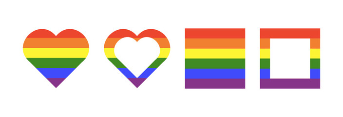 Rainbow flag backdrops. Gay pride frames. Progress Logo symbols. LGBT trendy icons. Set of simple stickers in rainbow colors. Heart, square badge, button, background, wallpaper. Template flat design.
