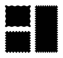 Simple rectangular patterns with squiggly borders. Wave curve edge flat frames. Trendy black tags, empty text boxes, labels, stamps, crackers, coupons with curvy, squiggly, wiggly, wavy edges.