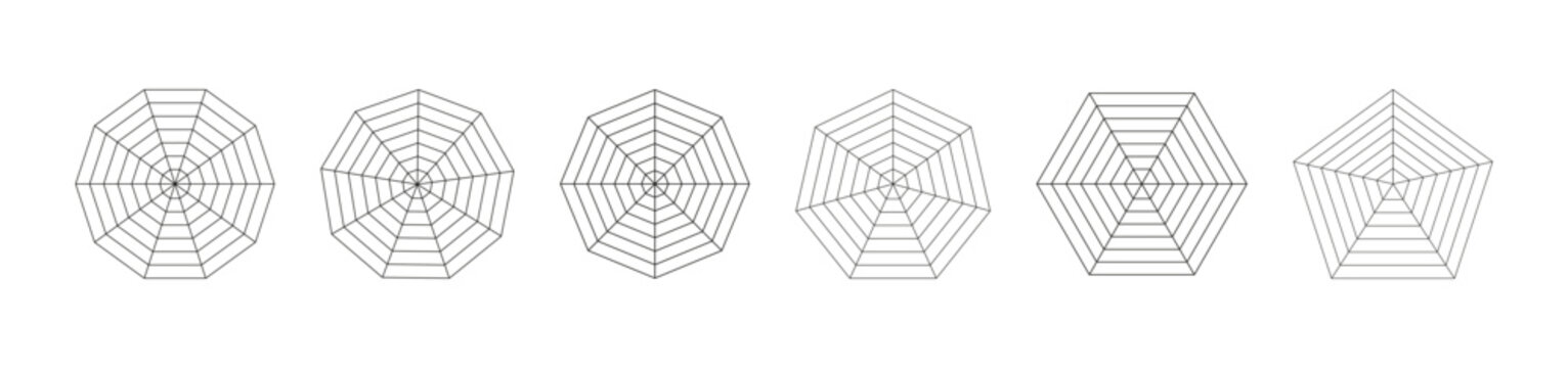 Radar, spider diagram flat templates. Spider mesh patterns. Polygon thin graphs. Diagram for statistic, analytic. Blank radar black charts. Minimalist coaching tool. Grid mockups with segments.