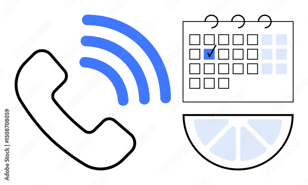 Poster telephone handset with signal waves, calendar with marked date, and segmented circle suggesting sche