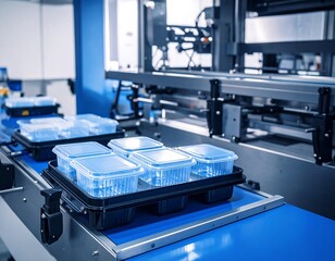 Automated food packaging line with plastic containers moving along a conveyor belt