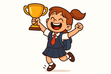 Joyful cartoon schoolgirl in uniform jumps excitedly, holding a golden trophy. Celebrating victory, winning first prize, academic success, or competition achievement. Vector illustration.