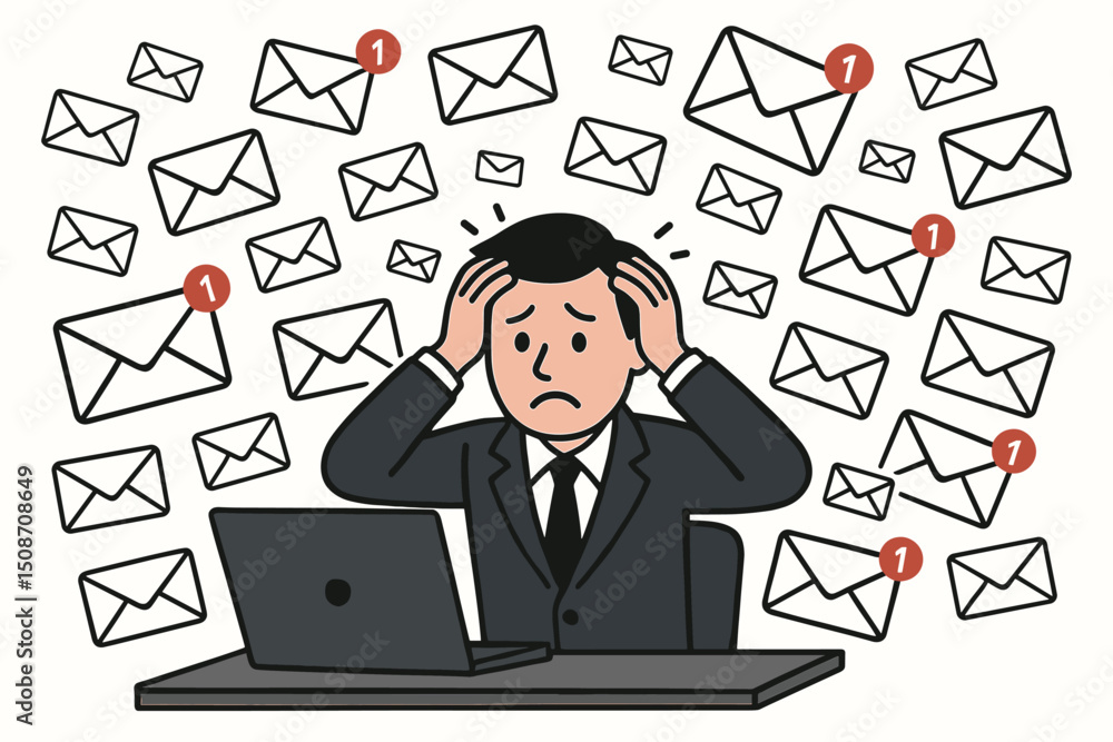 Poster inbox overload concept vector illustration. businessman feeling anxious and stressed by a constant s