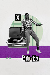 Creative art collage of person stand dance near gramophone party on white background