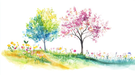 Naklejka premium Vector illustration of a spring blossom tree with blooming plants, side view for landscape elevation and section