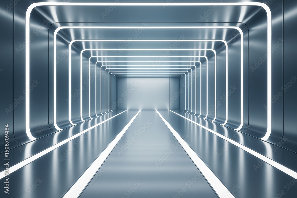 Poster futuristic illuminated metallic tunnel with glowing light strips in sci-fi style concept background,