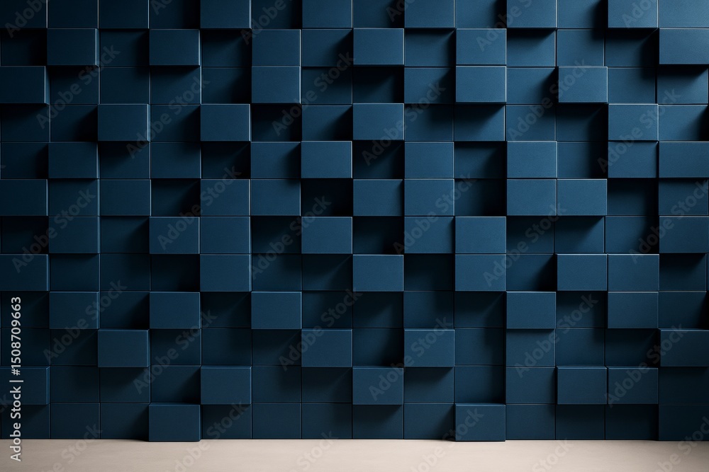 Poster Abstract geometric wall pattern of 3D blue cubes with light and shadow creating depth on a clean background. Ai generative.