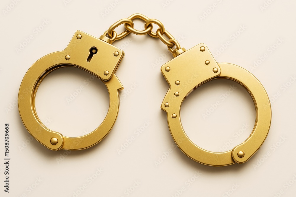 Poster Golden handcuffs with metallic finish linked by chain on soft beige background in minimal abstract graphic style.