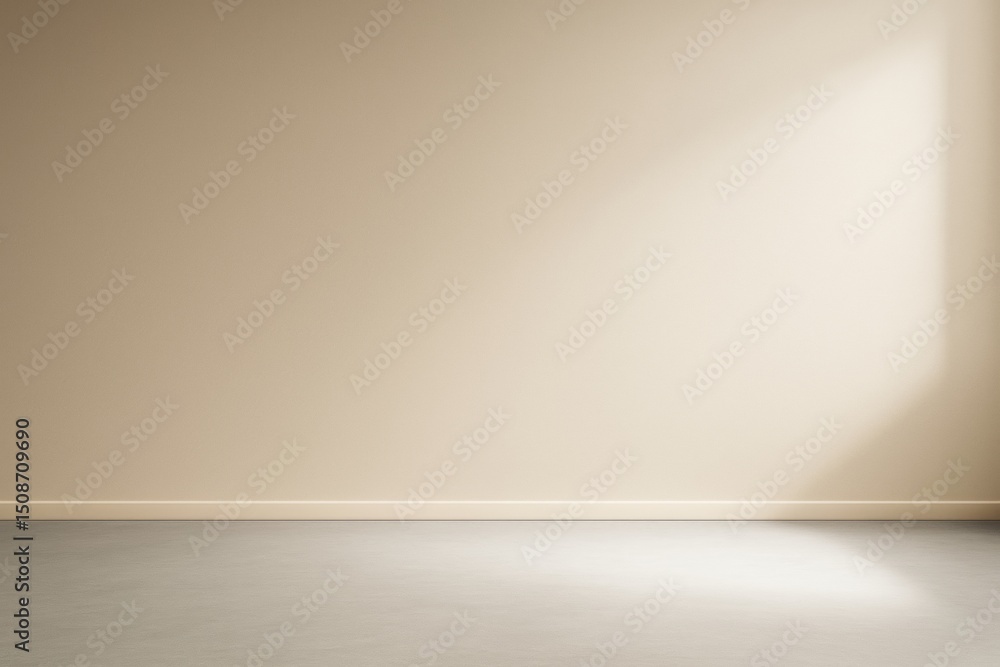 Poster Minimalistic empty beige wall interior with soft natural light casting shadows on a clean floor background for creative design concepts.
