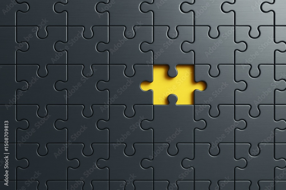 Poster Missing puzzle piece with yellow background in dark matte jigsaw grid, symbolizing problem solving and completion concept in modern style.
