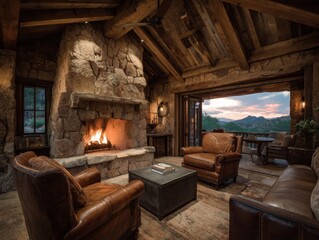 Rustic living room with a stone fireplace and mountain views.