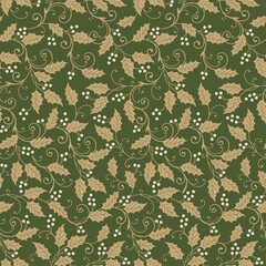 Seamless Christmas Holly Leaves With Swirls On Green Background For Gift Wrap And Fabric Print