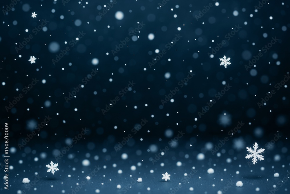Poster abstract winter snowflake background with softly falling snow and glowing light particles on a dark 