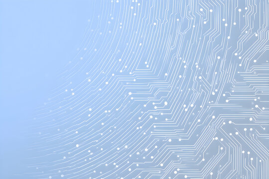 Futuristic technology background with white circle circuit wires on light blue motherboard. AI chip or semiconductor concept. Abstract tech bg. Modern web banner. Digital vector illustration.
