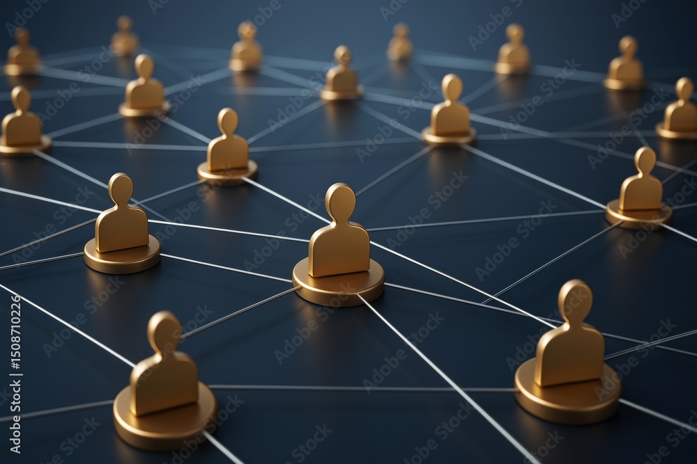 Aufkleber Golden human icons connected by network lines on dark background symbolizing digital communication and social networking concept.