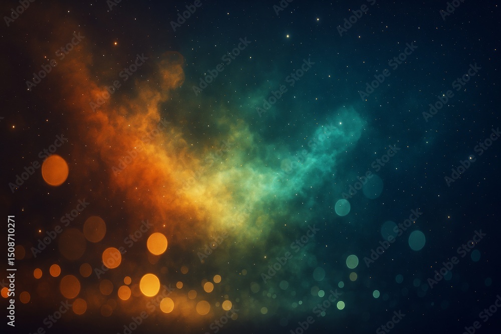 Poster abstract cosmic space background with glowing light particles and colorful nebula clouds in blue and