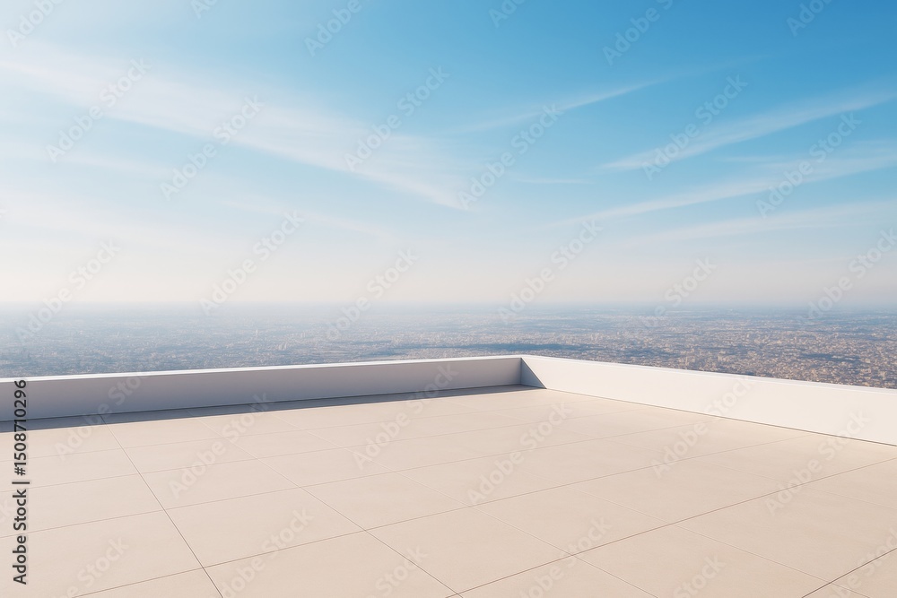 Poster minimalist rooftop terrace with panoramic cityscape under clear blue sky and soft light background, 