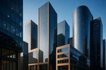 Obraz premium Futuristic glass skyscrapers under morning light with clean blue sky background in modern cityscape concept. Ai generative.
