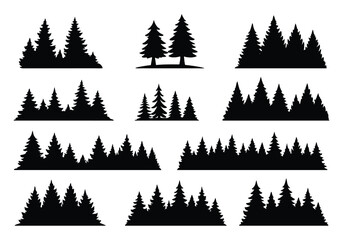 Pine Tree Forest Silhouette Vector Set – Black Woodland Tree Line Illustration