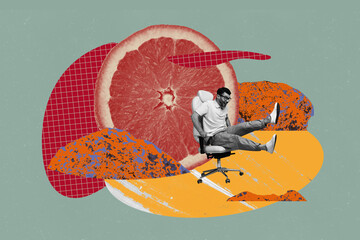 Exclusive creative collage of happy girl guy sit stool point grapefruit slice citrus orange detox...