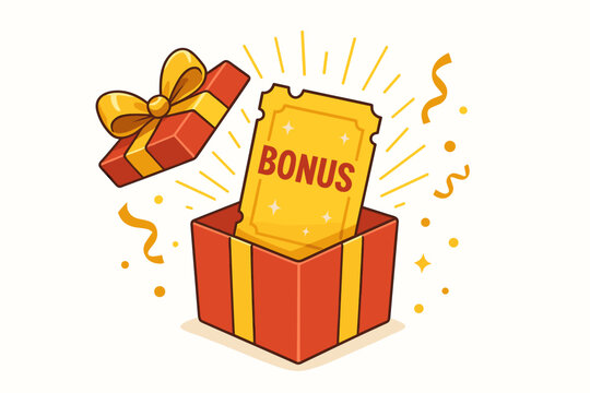 Exciting bonus reward ticket emerging from an open red gift box with confetti. Vector illustration perfect for customer loyalty programs, special offers, promotions, prize drawings, sales.
